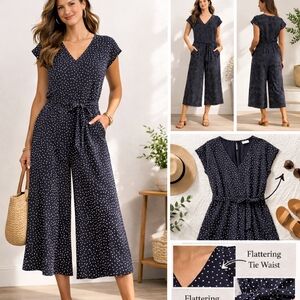 J.Jill Polka Dot Romper Size M – V-Neck Tie-Waist, Wide-Leg Cropped